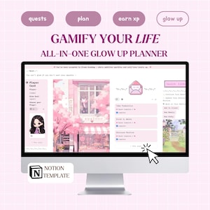 Puede incluir: Un monitor de computadora que muestra una interfaz de planificador digital rosa y blanco. La pantalla muestra "GAMIFY YOUR LIFE" y "ALL-IN-ONE GLOW UP PLANNER". La interfaz incluye secciones para misiones, planificación y ganar puntos de experiencia.