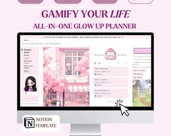May include: A computer monitor displaying a pink and white digital planner interface. The screen shows a gamified life planner with the text "GAMIFY YOUR LIFE" and "ALL-IN-ONE GLOW UP PLANNER". The interface includes sections for quests, planning, and earning experience points.