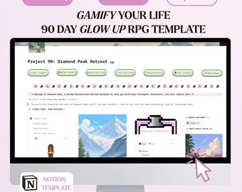 May include: A computer monitor displaying a 90-day glow up RPG Notion template titled Project 90: Diamond Peak Retreat. The interface features pixel art, navigation buttons, a player card, mission trackers, and landscape illustrations in a soft aesthetic.