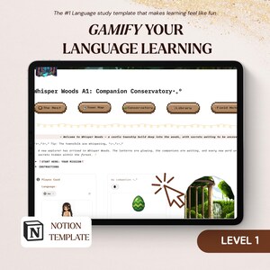 May include: A digital language study template displayed on a tablet screen titled Whisper Woods A1: Companion Conservatory. The interface features pixel art navigation buttons, a player card, a green patterned egg icon, and a cursor icon.