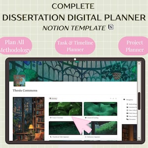 May include: A digital dissertation planner, shown on a tablet screen. The Notion template includes sections for methodology, task planning, and project organization. Pink ovals highlight key features.