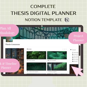 May include: A digital thesis planner template on a tablet screen. The Notion template includes sections for methodology, project planning, and task management. The screen displays "Thesis Commons". The image also includes the text "COMPLETE THESIS DIGITAL PLANNER NOTION TEMPLATE".