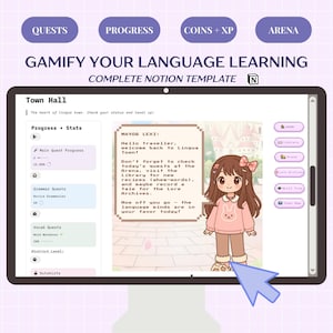 Language Learning Template: Gamified Notion Planner for Productivity, Planning, & Learning