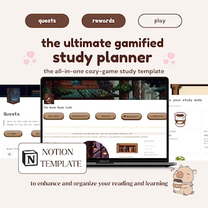 May include: A digital study planner Notion template displayed on a laptop screen, featuring pixel art graphics, a Book Nook Cafe theme, and navigation buttons labeled quests, rewards, and play, accompanied by a small cartoon animal illustration.