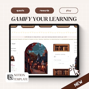 May include: A digital Notion template interface titled GAMIFY YOUR LEARNING with buttons for quests, rewards, and play. The screen displays a pixel art village scene, a bookshelf graphic, and a section labeled Currently Learning with Fish Ecology.
