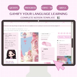 All-in-One Gamified Language Learning Template: Coquette Interactive Notion Planner for Productivity, Study, Planning, & Learning