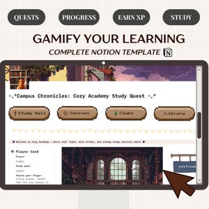 May include: A digital tablet displays a "Cozy Academy Study Quest" interface with pixelated graphics. The screen shows options for quests, progress, and study, with the text "Gamify Your Learning" at the top. The interface includes a study hall, courses, clubs, and library.