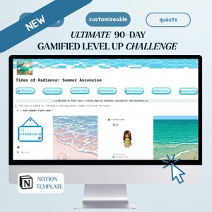 Puede incluir: Una plantilla digital de Notion mostrada en un monitor de computadora titulada Ultimate 90-Day Gamified Level Up Challenge. La interfaz presenta temas de playa en pixel art, botones de navegación, una tarjeta de jugador y textos.
