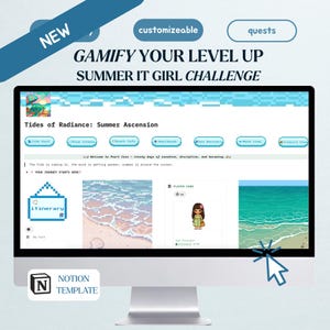 Op de afbeelding: Een computermonitor met een digitale Notion-sjabloon getiteld Gamify Your Level Up Summer It Girl Challenge. De interface bevat pixel art strandthema's, navigatieknoppen, een spelerskaart met een karakter-avatar en takenlijsten.