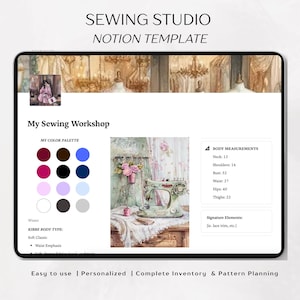 Puede incluir: Una plantilla digital de Notion para un estudio de costura que se muestra en una tableta. La pantalla muestra una paleta de colores, medidas corporales y una ilustración de máquina de coser vintage. El texto incluye "Sewing Studio Notion Template" y "My Sewing Workshop."