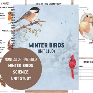 Può includere: Uno studio di unità educativa rilegato a spirale intitolato "Winter Birds" con illustrazioni ad acquerello di vari uccelli. La copertina presenta una cinciallegra su un ramo e il testo "Montessori-Inspired Winter Birds Science Unit Study".