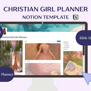 Puede incluir: Una pantalla de ordenador muestra un planificador digital titulado "Christian Girl Planner Notion Template". La pantalla muestra secciones etiquetadas como "Prayer Board", "Bible Study" y "Lifestyle Planner". El fondo es de color lila claro.