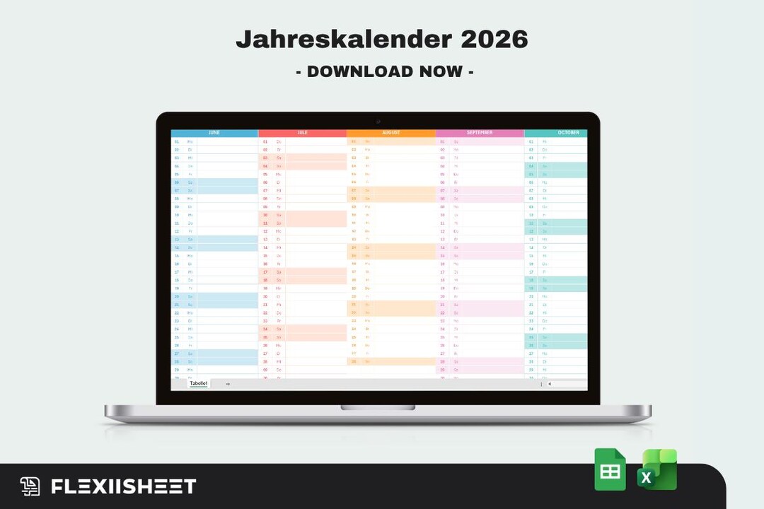 Jahreskalender 2026 Vorlage Excel & Google Sheets - Etsy