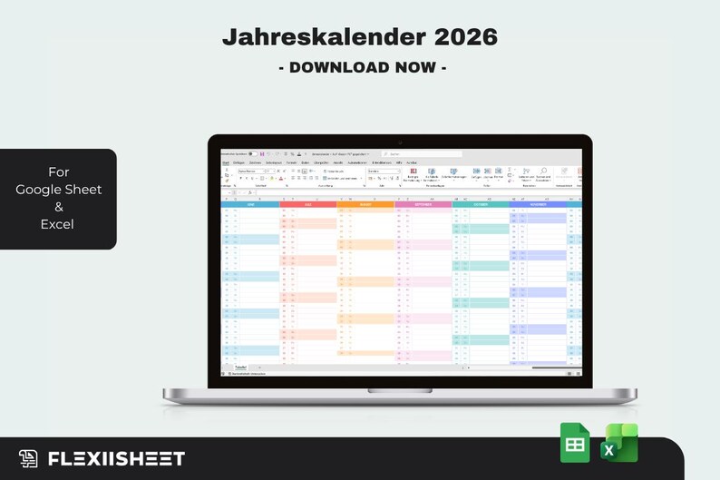 Jahreskalender 2026 Vorlage Excel & Google Sheets - Etsy