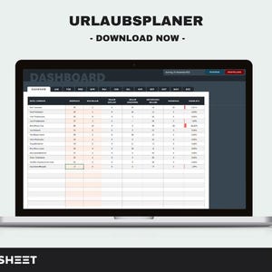 Könnte beinhalten: Ein Laptop zeigt eine Tabelle mit der Aufschrift "URLAUBSPLANER" und "DOWNLOAD NOW." Der Bildschirm zeigt ein Dashboard mit Daten, die in Zeilen und Spalten organisiert sind. Das FlexiSheet-Logo befindet sich unten. Es ist ein Urlaubsplaner.