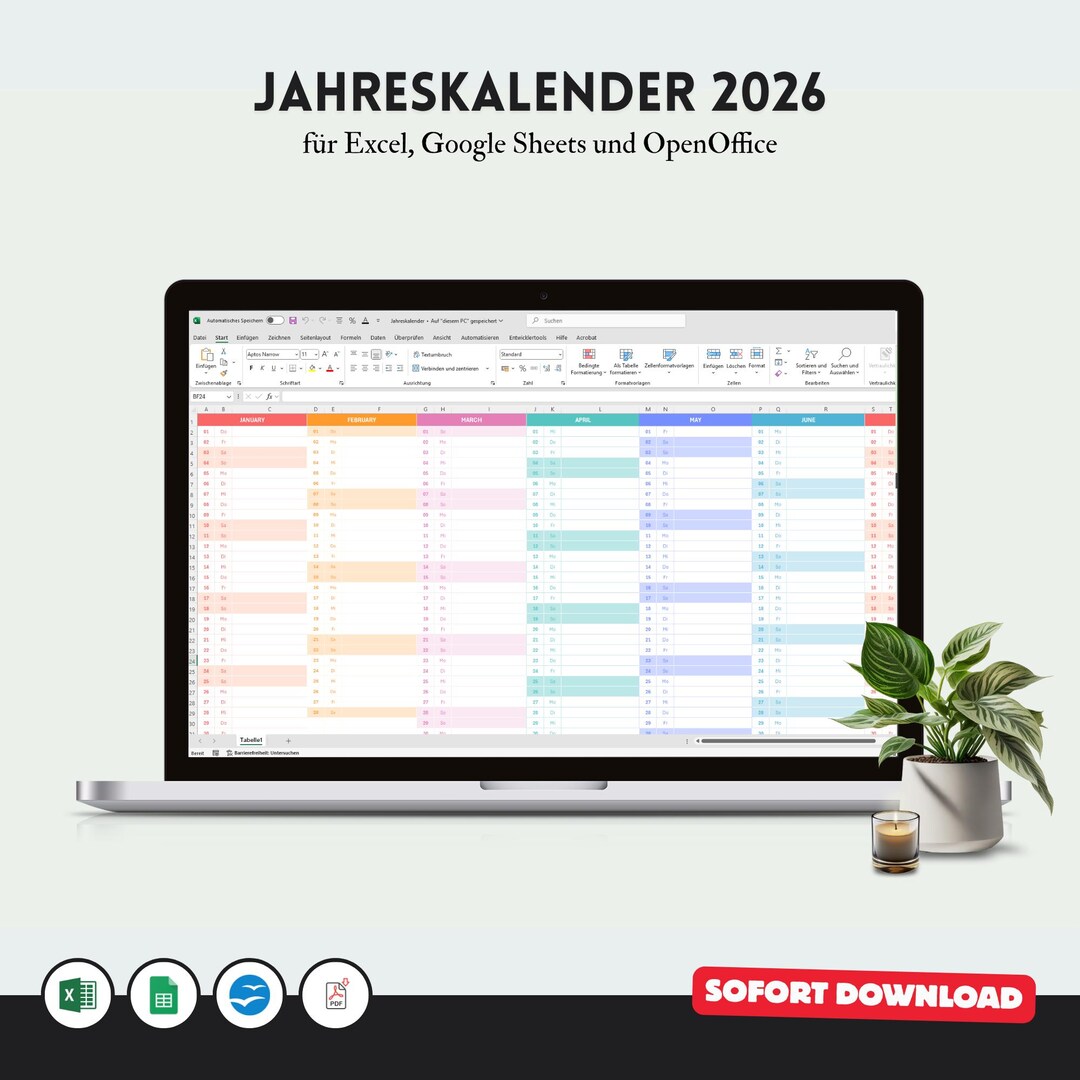 Annual Calendar 2026 Template for Excel & Google Sheets - Etsy
