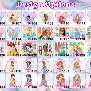 Puede incluir: Una colecci&oacute;n de dise&ntilde;os con princesas de Disney. Los dise&ntilde;os incluyen im&aacute;genes de Cenicienta, Bella, Blancanieves, Ariel, Rapunzel y Jasmine. Los dise&ntilde;os se muestran sobre un fondo colorido con el texto "Design Options".