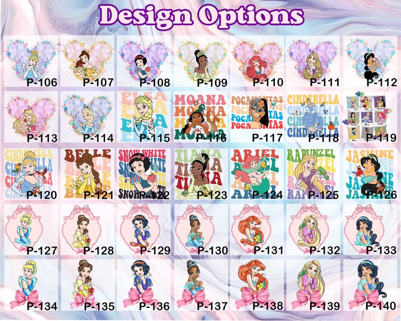 Puede incluir: Una colecci&oacute;n de dise&ntilde;os con princesas de Disney. Los dise&ntilde;os incluyen im&aacute;genes de Cenicienta, Bella, Blancanieves, Ariel, Rapunzel y Jasmine. Los dise&ntilde;os se muestran sobre un fondo colorido con el texto "Design Options".