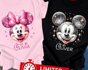 Mickey Minnie Mouse Glitter Effect Shirt, Personalized Disney Shirt For Women, Matching Disneyland Trip Shirt For Girls, Disney Family Shirt