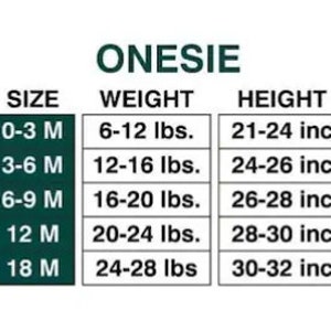 May include: Onesies size chart with size, weight, and height measurements in inches and pounds. Sizes include 0-3 months, 3-6 months, 6-9 months, 12 months, and 18 months.