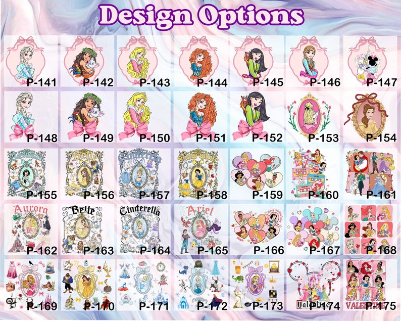 Puede incluir: Una colecci&oacute;n de dise&ntilde;os con tem&aacute;tica de princesas, cada uno con un personaje diferente en un marco rosa. Los dise&ntilde;os incluyen ilustraciones de princesas, con nombres y n&uacute;meros como P-141, P-142 y P-143.