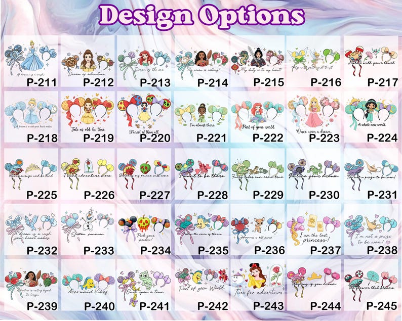 Puede incluir: Una colecci&oacute;n de dise&ntilde;os con personajes de Disney y citas, mostrados sobre fondos blancos. Cada dise&ntilde;o incluye un par de orejas de rat&oacute;n y una cita relacionada. Los dise&ntilde;os est&aacute;n etiquetados con c&oacute;digos como P-211, P-212, etc.