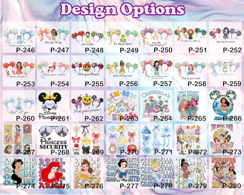 Puede incluir: Una colecci&oacute;n de dise&ntilde;os tem&aacute;ticos de Disney sobre fondos blancos. Los dise&ntilde;os incluyen varios personajes, citas y gr&aacute;ficos, como orejas de Mickey Mouse, princesas y texto como "Princess Security" y "Let it go".