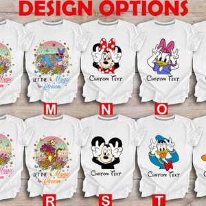 May include: Ten white t-shirts featuring various Disney character designs. The designs include Winnie the Pooh, Eeyore, Mickey Mouse, Donald Duck, and Goofy. The shirts display the text "Let the Magic Blossom" and "Custom Text" printed on them.