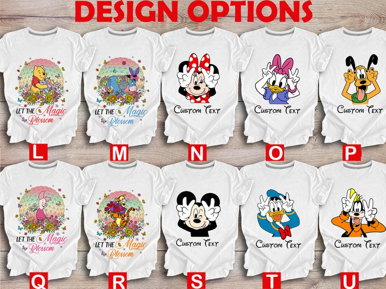 May include: Ten white t-shirts featuring various Disney character designs. The designs include Winnie the Pooh, Eeyore, Mickey Mouse, Donald Duck, and Goofy. The shirts display the text "Let the Magic Blossom" and "Custom Text" printed on them.