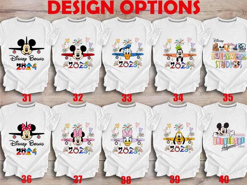 May include: Ten different designs for t-shirts featuring Disney characters, including Mickey Mouse, Minnie Mouse, Donald Duck, Goofy, and Pluto. The shirts are white and feature a variety of designs, including fireworks, aeroplanes, and the words "Disney Bound" and "2023".