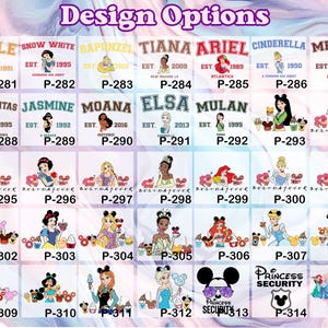 Puede incluir: Una cuadr&iacute;cula de dise&ntilde;os con varias princesas de Disney. Cada dise&ntilde;o incluye el nombre de la princesa, un a&ntilde;o y un identificador &uacute;nico. Los dise&ntilde;os muestran princesas como Bella, Blancanieves, Ariel y Cenicienta, con texto como "Best Day Ever."