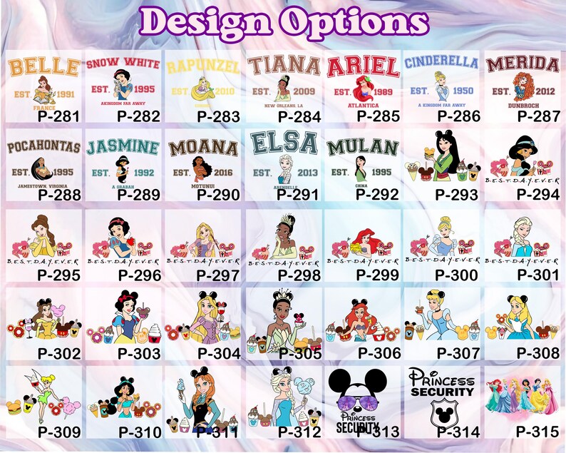 Puede incluir: Una cuadr&iacute;cula de dise&ntilde;os con varias princesas de Disney. Cada dise&ntilde;o incluye el nombre de la princesa, un a&ntilde;o y un identificador &uacute;nico. Los dise&ntilde;os muestran princesas como Bella, Blancanieves, Ariel y Cenicienta, con texto como "Best Day Ever."