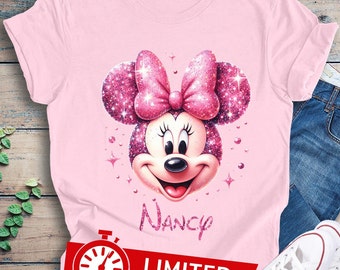 Personalized Pink Glitter Minnie Mouse Shirt, Kids Valentines Gift