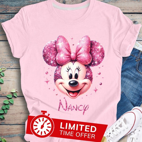 Personalized Pink Glitter Effect Minnie Mouse Shirt For Kid Girl, Toddler Girl Gift Custom Minnie Shirt Kids Valentines Gift Pink Minnie Tee