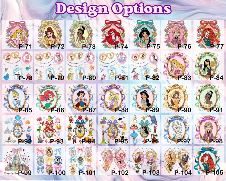 Puede incluir: Una hoja con varias opciones de dise&ntilde;o con im&aacute;genes de princesas y elementos relacionados. Los dise&ntilde;os est&aacute;n dispuestos en una cuadr&iacute;cula, cada uno etiquetado con un n&uacute;mero "P-". El texto "Design Options" est&aacute; en la parte superior.