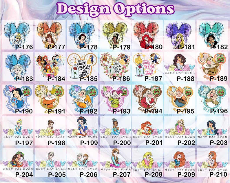 Puede incluir: Una colecci&oacute;n de dise&ntilde;os tem&aacute;ticos de Disney, con varios personajes como princesas y orejas de Mickey Mouse. Cada dise&ntilde;o est&aacute; numerado e incluye la frase "Best Day Ever."