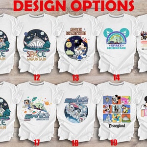 May include: A collage of ten white t-shirts with different designs featuring Mickey Mouse, Space Mountain, Stitch, and other Disney characters. The shirts are numbered 11 through 20.