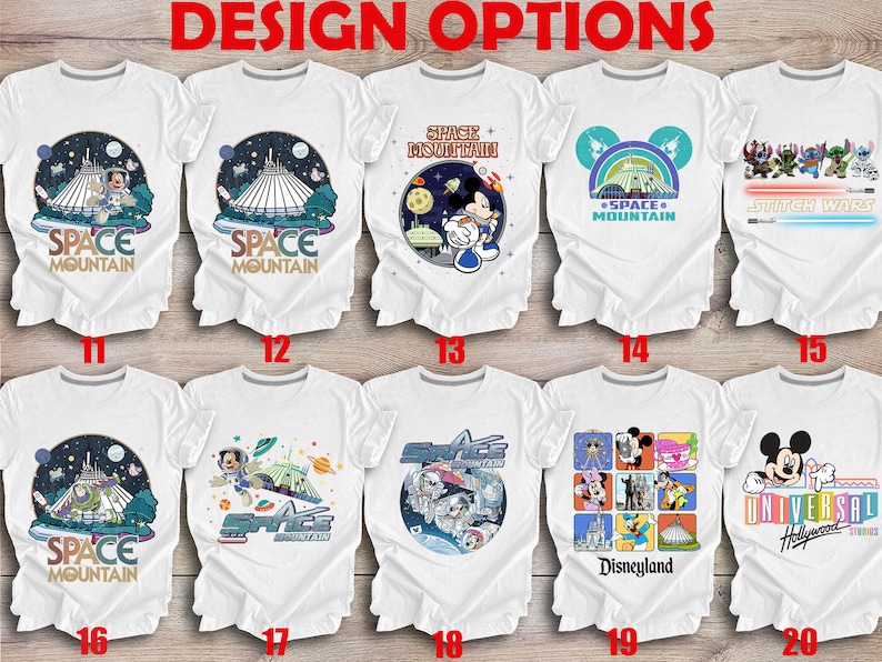 May include: A collage of ten white t-shirts with different designs featuring Mickey Mouse, Space Mountain, Stitch, and other Disney characters. The shirts are numbered 11 through 20.