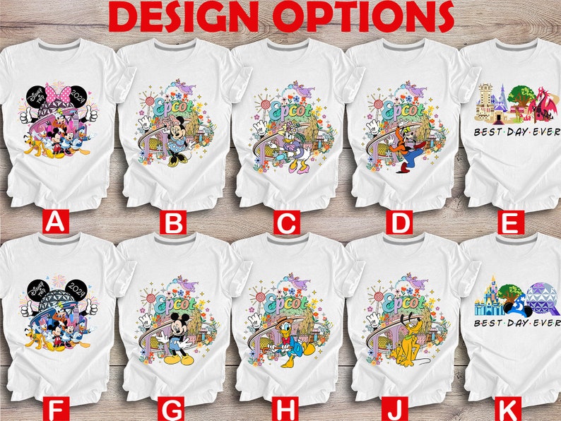 May include: Ten different designs for t-shirts featuring various Disney characters and the words "Epcot" and "Best Day Ever".