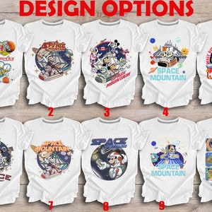 May include: Ten different designs for t-shirts featuring the Space Mountain ride at Walt Disney World. The designs feature Mickey Mouse, Minnie Mouse, Goofy, and other Disney characters. The text on the shirts says "Space Mountain".