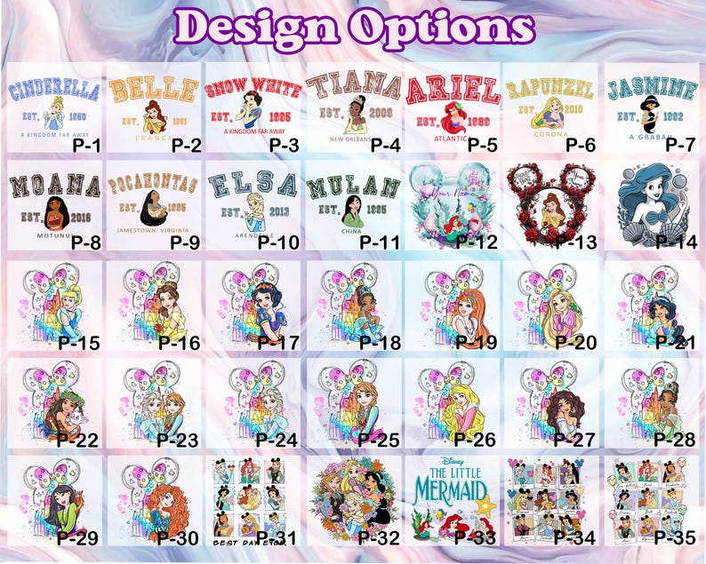 Puede incluir: Una colecci&oacute;n de dise&ntilde;os con princesas de Disney, incluyendo Cenicienta, Bella, Blancanieves, Tiana, Ariel, Rapunzel y Jasmine. Cada dise&ntilde;o incluye el nombre de la princesa, un gr&aacute;fico y el texto "EST." con un a&ntilde;o y un lugar.