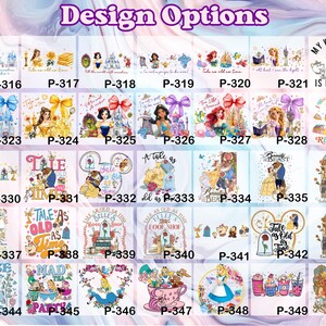 Puede incluir: Una colecci&oacute;n de opciones de dise&ntilde;o con ilustraciones y texto. Los dise&ntilde;os incluyen im&aacute;genes de princesas, castillos y citas como "Tale as Old as Time". El texto "Design Options" est&aacute; en la parte superior.