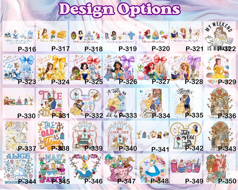 Puede incluir: Una colecci&oacute;n de opciones de dise&ntilde;o con ilustraciones y texto. Los dise&ntilde;os incluyen im&aacute;genes de princesas, castillos y citas como "Tale as Old as Time". El texto "Design Options" est&aacute; en la parte superior.