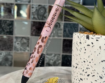 Caneta Glitter Leopardo Rosa Ouro