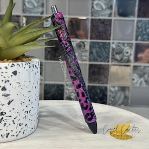 Black and Purple Swirl Leopard Glitter Pen