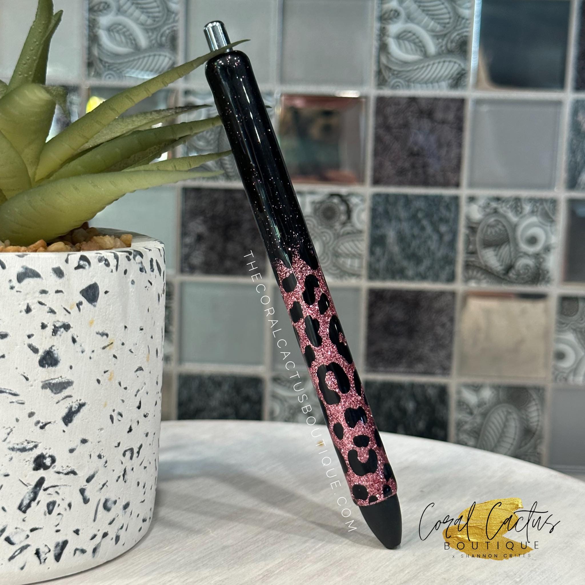 Black and Rose Gold Leopard Glitter Pen