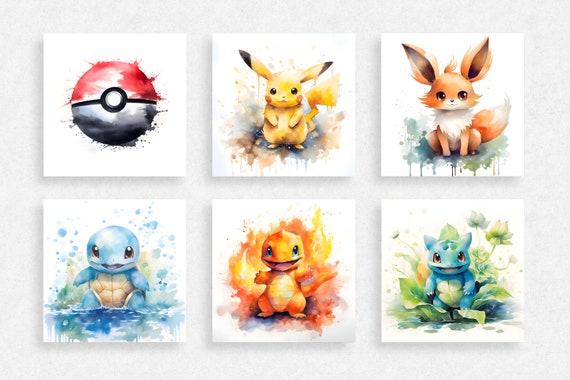 Watercolor Pokémon Wall Art Bundle - Digital Download - Pokéball, Pikachu, Eevee, Squirtle, Charmander, Bulbasaur - Perfect for Pokémon Fans