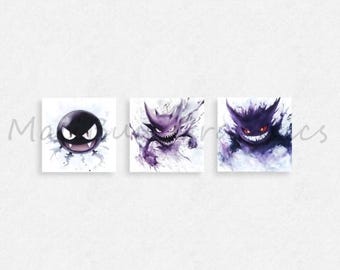 Watercolor Ghost Pokémon Wall Art - Digital Download - Gastly, Haunter, Gengar - Spooky Pokémon Decor