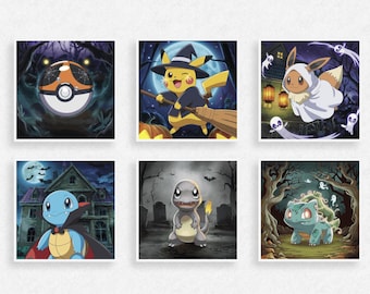 Halloween Pokémon Wall Art Bundle - Digital Download - Spooky Pikachu, Eevee, Squirtle, Charmander, Bulbasaur, Pokéball - Halloween Decor