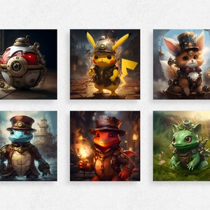 May include: Six different Pokemon characters in a steampunk style. Each character is wearing a different outfit and accessories, including goggles, hats, and gears. The characters are set against a variety of backgrounds, including a forest, a city, and a factory.